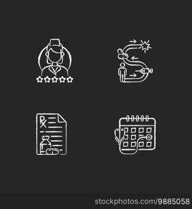 Online medical service chalk white icons set on black background. Review doctor. Therapy journey. Receiving medication prescribed online. Consultation time. Isolated vector chalkboard illustrations. Online medical service chalk white icons set on black background