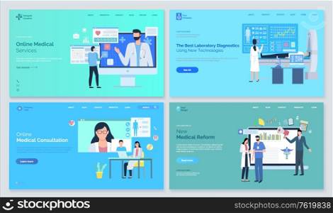 Online medical service, consultation and reform, laboratory diagnostics, new technologies, doctor man and woman helping patient, healthcare vector. Website or webpage template, landing page flat style. Healthcare Medical Website Set, Clinic Vector