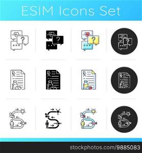 Online medical service icons set. Therapy journey. Receiving medication prescribed online. Free question to specialist. Linear, black and RGB color styles. Isolated vector illustrations. Online medical service icons set