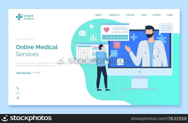 Online medical service, monitor of computer with portrait view of doctor, screen of cardiogram, diagnos of pacient, healthcare website vector. App slider or webpage template, landing page flat style. Healthcare Website, Medical Service, Doctor Vector