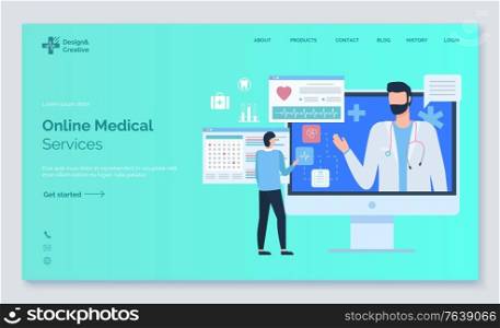 Online medical service, monitor of computer with portrait view of doctor, screen of cardiogram, diagnos of pacient, healthcare website vector. App slider or webpage template, landing page flat style. Healthcare Website, Medical Service, Doctor Vector