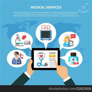Online Medical Services Flat Design. Flat design with online medical services around mobile device in hand on textured blue background vector illustration