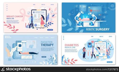 Online Medical Services Flat Landing Page Set. Breast Cancer Medicare, Robotic Surgery, Radiation Therapy, Diabetes Treatment and Control. Cartoon Doctors and Patients. Vector Illustration. Online Medical Services Flat Landing Page Set