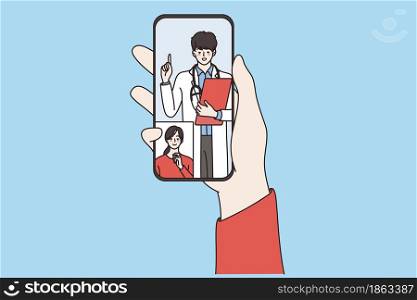 Online medicine and telehealth concept. Human hand holding smartphone with online smiling doctor and woman patient looking from screen vector illustration . Online medicine and telehealth concept