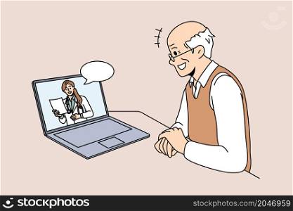 Online medicine and telehealth concept. Smiling old man patient sitting at laptop and having online meeting with young woman doctor making recommendations vector illustration . Online medicine and telehealth concept