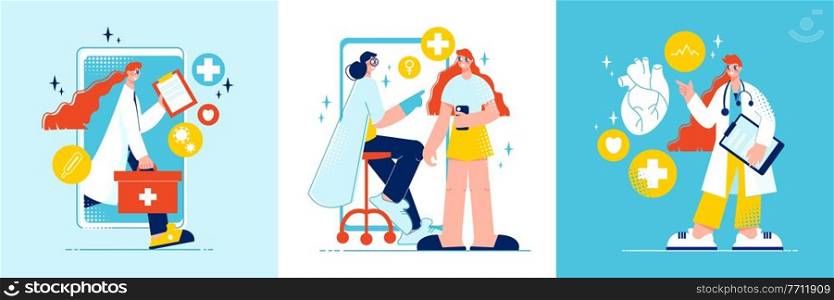 Online medicine design concept with square compositions medical pictograms smartphones and characters of patient and doctors vector illustration. Online Medicine Design Concept