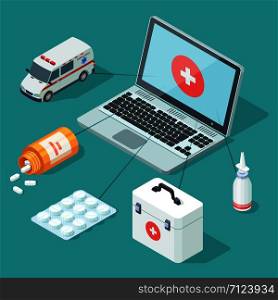Online medicine info 3d isometric concept. Medical, first aid vector illustration isolated. Online medicine isometric. Medical, first aid vector illustration