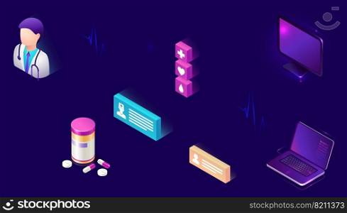Online medicine isometric icon set vector illustration. Distance or telemedicine app element. Computer and laptop, doctor figure, chat messages bubble, pills and tablets on purple background. Online medicine isometric icons, telemedicine