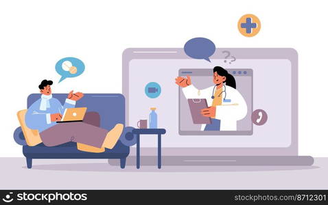 Online medicine, patient call to doctor via internet. Medic character in white coat on huge laptop screen listen complaints distantly, healthcare service modern technology Line art vector illustration. Online medicine, patient call doctor via internet