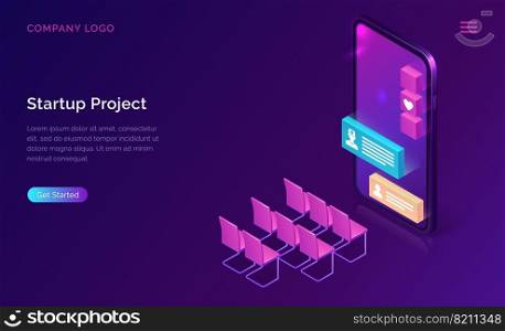 Online medicine start up presentation isometric concept vector. Distance or telemedicine app for mobile phones. Smartphone screen with chat messages bubble and empty audience chairs on purple banner. Online medicine start up presentation isometric