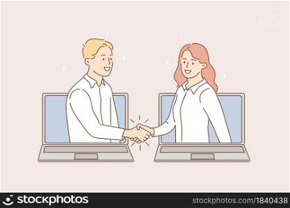 Online meeting and videoconference concept. Young smiling business people shaking hands from laptops screens after online meeting vector illustration . Online meeting and videoconference concept.