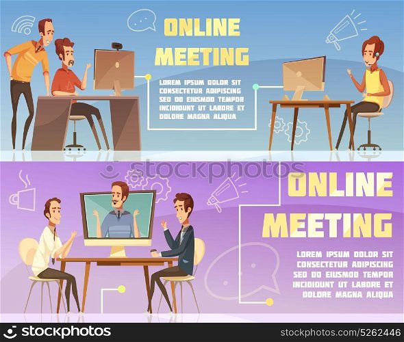 Online Meeting Banners Set. Online meeting horizontal banners set with business and work symbols cartoon isolated vector illustration
