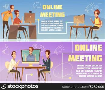 Online Meeting Banners Set. Online meeting horizontal banners set with business and work symbols cartoon isolated vector illustration
