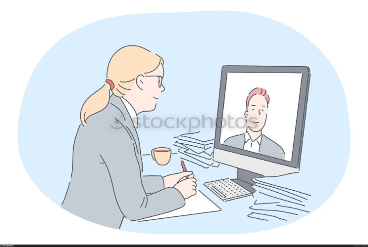 Online meeting, business communication, distant work, teleconference concept. Young business lady cartoon character sitting and communicating with colleague online during video call online conference. Online meeting, business communication, distant work, teleconference concept