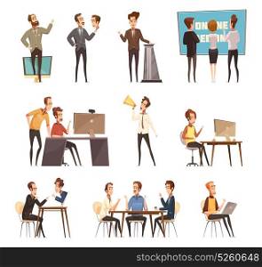 Online Meeting Icons Set. Online meeting icons set with laptop and people cartoon isolated vector illustration