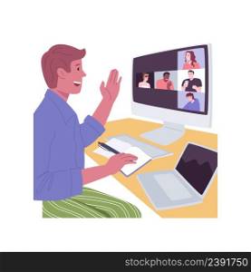 Online meeting isolated cartoon vector illustrations. Man in pajama pants having online video business call, group of diversity people on screen, remote work, digital nomad vector cartoon.. Online meeting isolated cartoon vector illustrations.