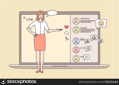 Online meeting, Live streaming event, remote activity concept. Young positive female character reporter performing in front of laptop camera and screen and chatting online vector illustration . Online meeting, Live streaming event, remote activity concept