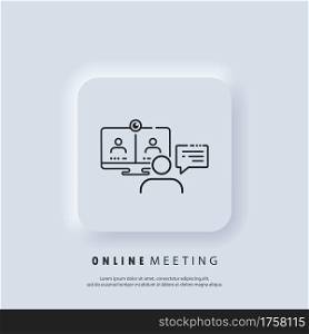 Online meeting. Live webinar banner. Watching on laptop online streaming, video training, seminar. Educational resources line icon. Internet education concept, e learning resources.
