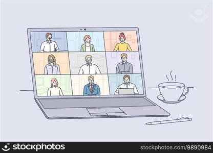 Online meeting, Virtual conference and video call concept. Laptop screen with people partners meeting members taking part in online business meeting and distant negotiations vector illustration . Online meeting, Virtual conference and video call concept