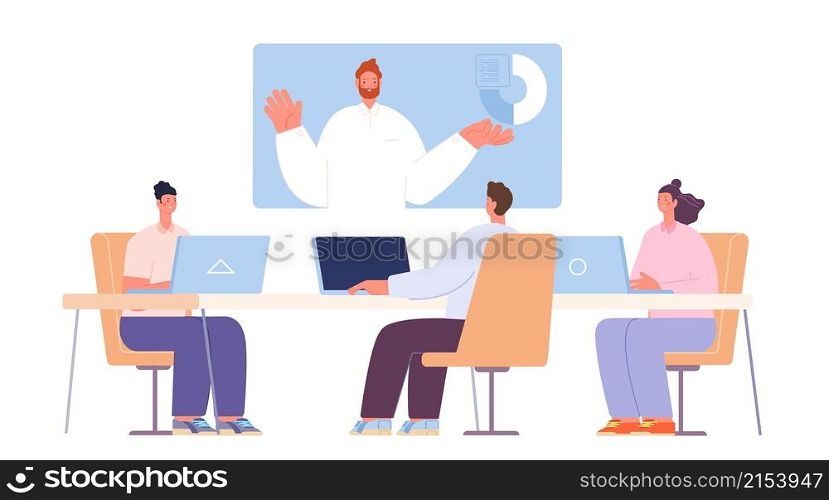 Online meeting with boss. Business video call, webinar or remote training. Company tv meet with manager in conference room utter vector scene. Illustration of business online conference work. Online meeting with boss. Business video call, webinar or remote training. Company tv meet with manager in conference room utter vector scene