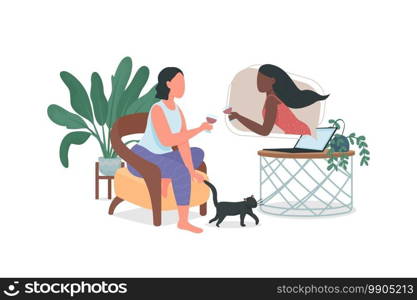 Online meeting with friends flat color vector faceless characters. Women on video call. Girls drink wine together isolated cartoon illustration for web graphic design and animation. Online meeting with friends flat color vector faceless characters