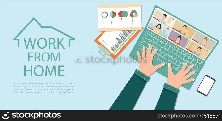Online meeting work form home during Covid-19 pandemic. Video conference call using an app during lockdown.Social isolation due to covid-19.Working from home concept vector illustration.