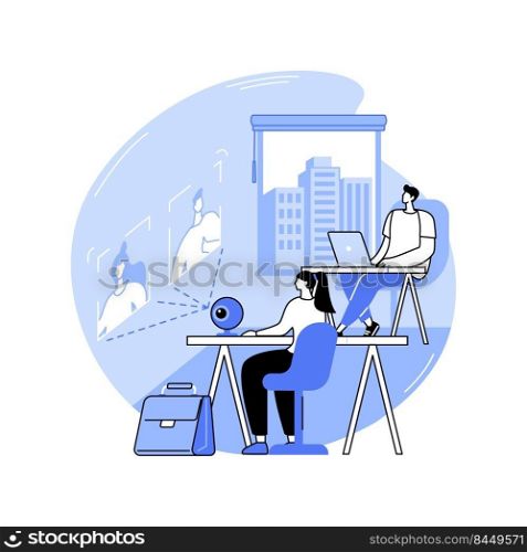 Online meetup isolated cartoon vector illustrations. People have video call with colleagues in conference room, corporate online meeting, business idea discussion, common spaces vector cartoon.. Online meetup isolated cartoon vector illustrations.