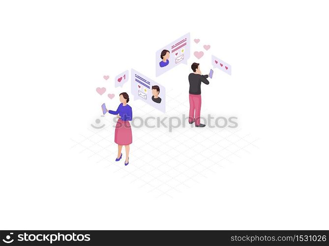 Online messaging isometric color vector illustration. Person&rsquo;s social network profile. Chatting, liking website 3d concept. Socializing infographic. Webpage, mobile app design. Online messaging isometric color vector illustration