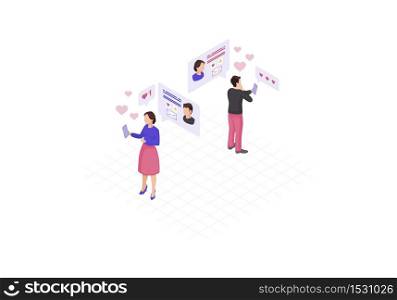 Online messaging isometric color vector illustration. Person&rsquo;s social network profile. Chatting, liking website 3d concept. Socializing infographic. Webpage, mobile app design. Online messaging isometric color vector illustration
