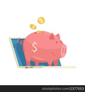 Online mobile bank composition with image of piggy bank on top of laptop computer with coins vector illustration. Piggy Bank Laptop Composition