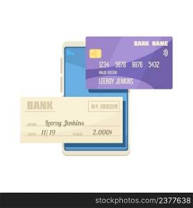 Online mobile bank composition with images of smartphone credit card and bank cheque vector illustration. Bank Check Smartphone Composition