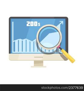Online mobile bank composition with isolated image of desktop computer with magnifying glass vector illustration. Stock Analytics Computer Composition