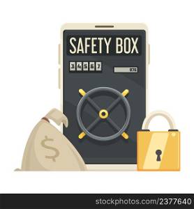 Online mobile bank composition with smartphone safe box door golden lock and money sack vector illustration. Safe Box Smartphone Composition