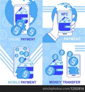 Online Mobile NFC Payment Money Transfer Banner Set Vector Illustration. Electronic Wallet Internet Banking Account Smartphone Application Virtual Transaction Technology Shopping Purchase. Online Mobile NFC Payment Money Transfer Banners