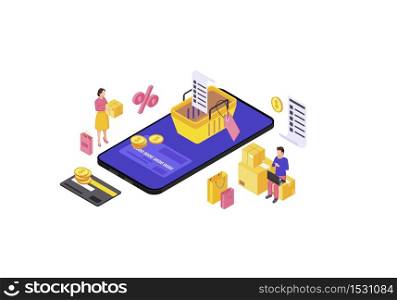 Online mobile shopping app isometric color vector illustration. Sales, discounts, special offers infographic. E-payment. Shopping smartphone application 3d concept. Webpage, mobile app design. Online mobile shopping app isometric color vector illustration