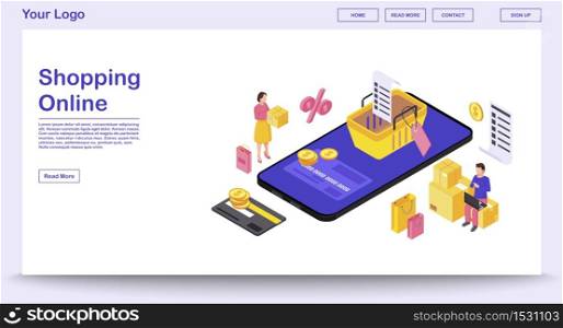 Online mobile shopping app webpage vector template with isometric illustration. Website, mobile application interface design. E-payment nfographic. Shopping smartphone application 3d concept. Online mobile shopping app webpage vector template with isometric illustration