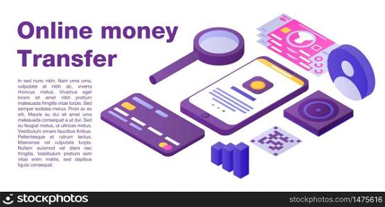 Online money transfer concept banner. Isometric illustration of online money transfer vector concept banner for web design. Online money transfer concept banner, isometric style