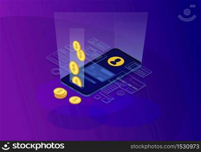 Online money transfer isometric color vector illustration. Financial transaction. E-payment. Mobile banking. Payment system user account. Send money. Electronic bill. Webpage, mobile app 3d concept. Online money transfer isometric color vector illustration