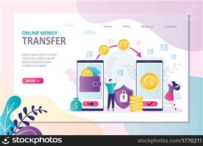Online money transfer landing page template. Electronic wallets on smartphone screens. Internet banking, financial technology. Safe Transferring. People send and receive money.Flat Vector illustration. Online money transfer landing page template. Electronic wallets on smartphone screens. Internet banking, financial technology.