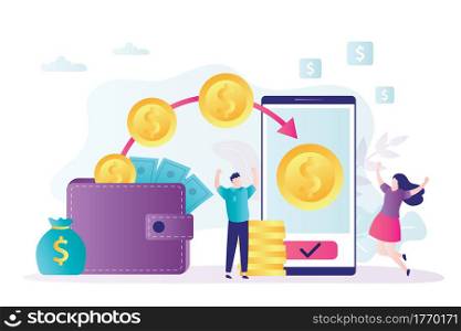 Online money transfer. Money transaction to an electronic wallet or bank card. Modern financial technology. Safe Transferring. Virtual finance concept. Happy people in trendy style. Vector illustration. Online money transfer. Money transaction to an electronic wallet or bank card. Modern financial technology.