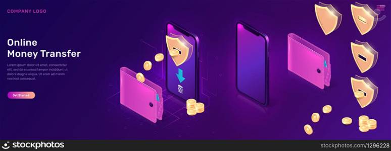 Online money transfer or cash back isometric concept vector illustration. Mobile phone with shield and gold coins flying out of its screen into wallet, ultraviolet web banner, landing web page. Online money transfer or cash back isometric