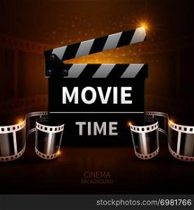 Online movie and television vector background with cinema clapper and film roll. Clapper board for film and cinematography illustration. Online movie and television vector background with cinema clapper and film roll