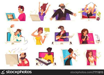 Online music content isolated icons set of performer viewers and listeners flat vector illustration. Online Music Content Set