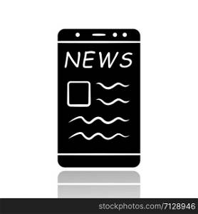 Online news drop shadow black glyph icon. Electronic newspaper mobile app. Getting actual information. Reading about latest events in social media on smartphone. Isolated vector illustration