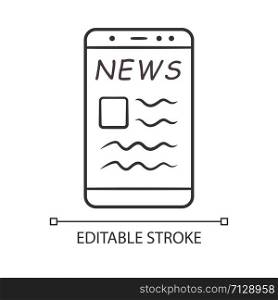 Online news linear icon. Electronic newspaper mobile app. News websites. Getting actual information.Thin line illustration. Contour symbol. Vector isolated outline drawing. Editable stroke