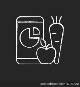 Online nutrition tracker chalk white icon on dark background. Foods eaten accounting. Body weight control app. Calories calculator. Mood regulator. Isolated vector chalkboard illustration on black. Online nutrition tracker chalk white icon on dark background.