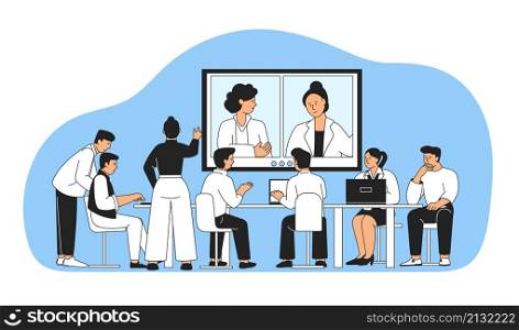 Online office conference. Video technology, company communication with computers. Virtual web training or managers meeting recent vector scene. Illustration of conference business online. Online office conference. Video technology, company communication with computers. Virtual web training or managers meeting recent vector scene