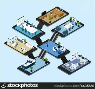 Online Office Isometric Icon. Isometric abstract scheme with 3d icons of rooms of online office placed on tablet styled platforms vector illustration