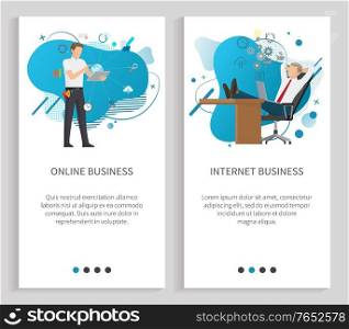 Online or internet business slide, men using laptop, workers character communication with wireless device, modern innovation of e-commerce vector. Website or app slider, landing page flat style. E-commerce Slide Template, Business Online Vector