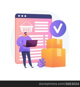 Online order delivery service, shipment. Internet shop basket, cardboard boxes, buyer with laptop. Delivery note on monitor screen and parcel. Vector isolated concept metaphor illustration.. Online order delivery service vector concept metaphor.